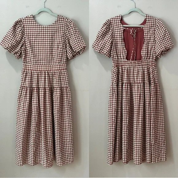 NWT En Saison Juni Gingham Bubble Sleeve Tie-Back Midi Dress Brick Womens L - Picture 2 of 10